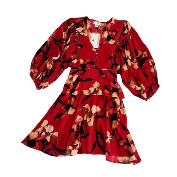 Band of the Free Dolly Red Floral Print Puff Sleeve Mini Dress Women’s Medium - Picture 2 of 8